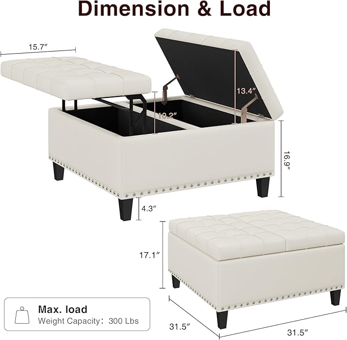 FiveWillowise Square Leather Ottoman with Storage, Faux Leather Coffee Table with Lift Top,Large Upholstered Footrest Stool Toy Box Storage Bench for Bedroom Living Room, Ivory White
