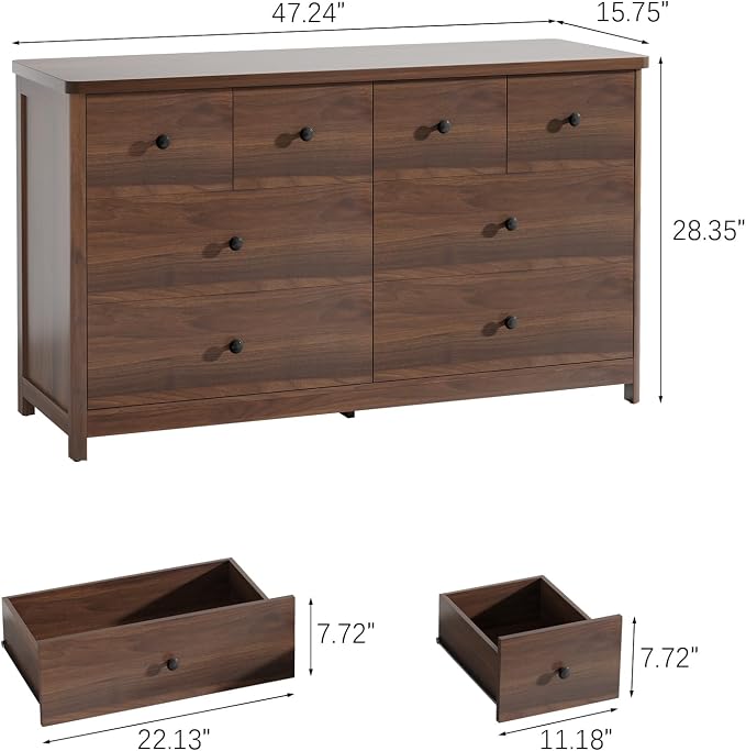 Vabches Kids Dresser Cabinet with 8 Drawers, Changing Table for Nursery with Open Shelves, Multi-Functional Chest of Drawers, Kids Bedroom Furniture, Nightstand for Children's Room, Walnut