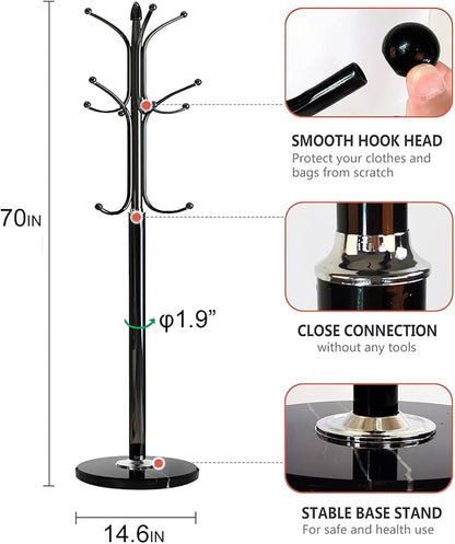 Kertnic Freestanding Coat Rack Stand, Heavy Duty Metal Hall Tree with 12 Hooks, 70 Inch Tall Stable Coat Hanger with 14.6" Natural Marble Base, Entryway Organizer for Coats Bags Hats Purses (Black)