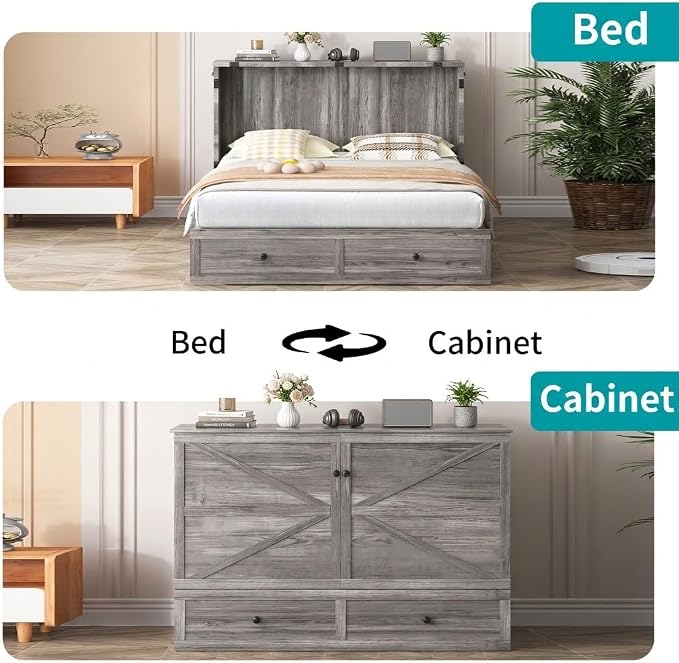 BALUS 57" Width Murphy Bed with Mattress, Full Size Cabinet Bed Frame with USB Charging Station & Large Storage Drawer, Full Murphy Bed, Cabinet Beds for Bedroom/Guest, Dark Grey