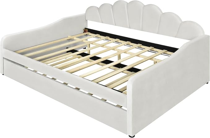 Ball & Cast Full Size Daybed with Trundle,Velvet Upholstered Day Bed Frame Full with Shall Shaped Backrest and Wood Slat Support,No Box Spring Needed,White