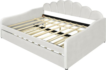 Ball & Cast Full Size Daybed with Trundle,Velvet Upholstered Day Bed Frame Full with Shall Shaped Backrest and Wood Slat Support,No Box Spring Needed,White