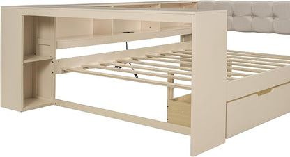 Bellemave Full Size Corner Bed Frame with Storage Shelves and Desk, Wood Full Daybed with Bookcase and Drawers and Upholstered Headboard, Cream