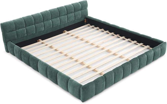 KEIKI California King Thick Chenille Platform Bed Frame with Upholstered Tufted Headboard, Modern Solid Wood Floor Platform for Bedroom, No Box Spring Needed
