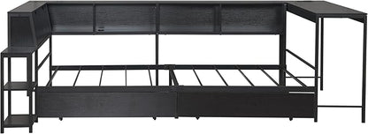 Bellemave Twin Size Corner Bed Frame with Storage Drawers, Bookcase and Side Desk, Twin Corner Bed with Light and Charging Station, Daybed for Bedroom, Living Room, Guest Room Black