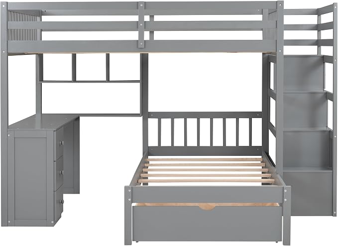Ball & Cast Full Over Twin Bunk Bed with Safty Guardrail & Storage Stair,Wood Loft Bedframe W/Drawers & Shelves,Desk,Space-Saving,Easy Assembly,Versatile Furniture for Boys Girls Teen Bedroom,Gray