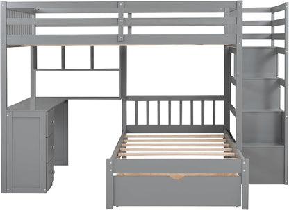 Merax Full Over Twin Bunk Bed with Desk,Drawers and Shelves,Full Size Loft Bed Frame with Stairs Storage and Drawers,Gray