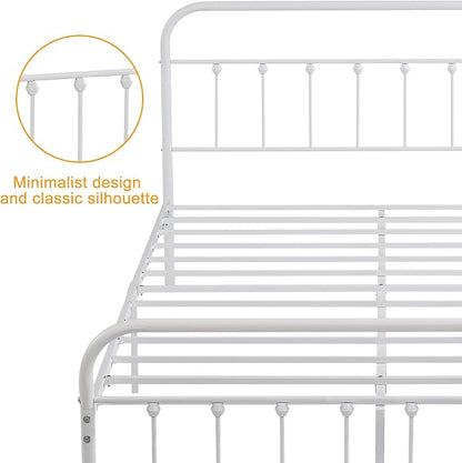 VECELO White Metal Bed Frame Queen Size with Vintage Headboard and Footboard, No Box Spring Needed, Premium Stable Steel Slat Support Mattress Foundation
