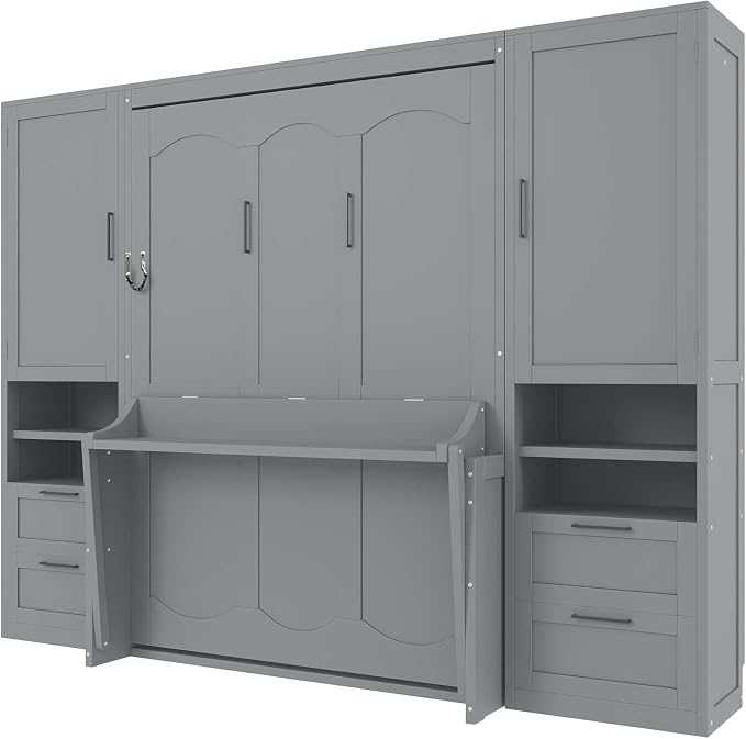 Full Size Murphy Bed with Storage, Wall Bed with Closet and Drawers | Top shelf, side wardrobe and two drawers keep bedding, clothes and daily items organized in a compact cabinet