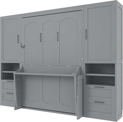 Full Size Murphy Bed with Storage, Wall Bed with Closet and Drawers | Top shelf, side wardrobe and two drawers keep bedding, clothes and daily items organized in a compact cabinet