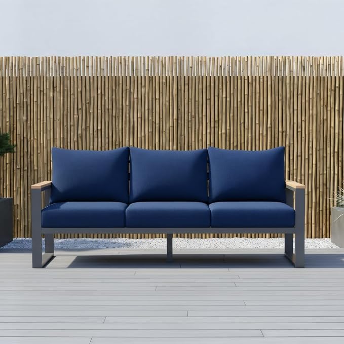 Sundale Outdoor Aluminum Patio Furniture, 3-seat All-Weather Outdoor Couch with 6" Olefin Cushion & Wide Armrest, Outside Sofa Seating for Garden Deck Porch (Navy Blue) | Heavy Duty
