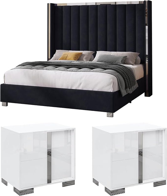AMERLIFE 3-Piece Modern Bedroom Set Queen – Black Upholstered Bed Frame with 58" Wingback Headboard and 2 White Nightstands