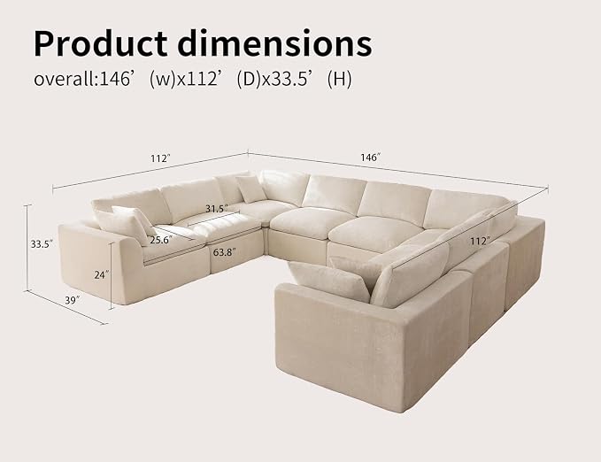 Modular Sectional Sofa – Oversized Modern Cloud Couch with Deep Chenille Seats, U-Shaped Boneless Sofa, Pet-Friendly, No Assembly, Warm White (8 Seater)