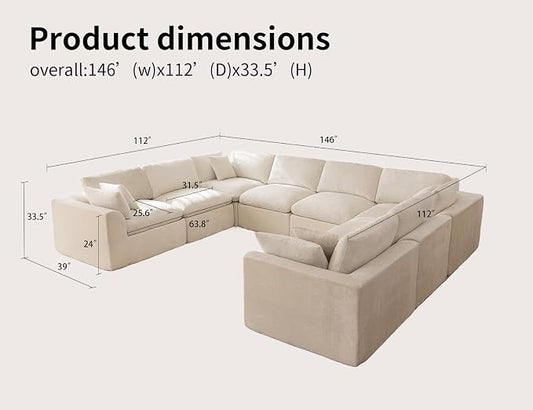 Modular Sectional Sofa – Oversized Modern Cloud Couch with Deep Chenille Seats, U-Shaped Boneless Sofa, Pet-Friendly, No Assembly, Warm White (8 Seater)