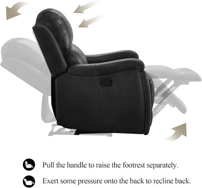 CANMOV Manual Recliner Chair, Classic Faux Leather Recliner Chair with Overstuffed Arms and Back, Manual Single Sofa with Concealed Cup Holders, Black