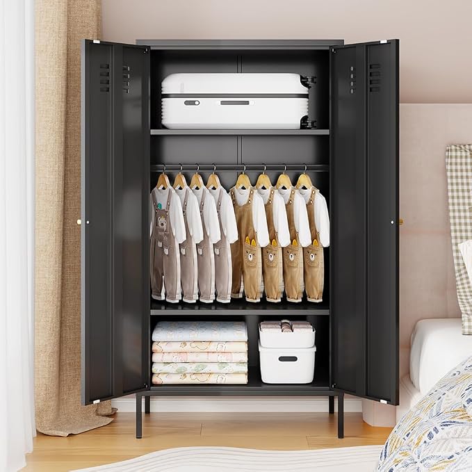 2 Door Metal Cabinet with Hanging Rod and 2 Freely Adjustable Shelves,Storage Locker Cabinet Closet for Office,Garage(Cabinet, Black)