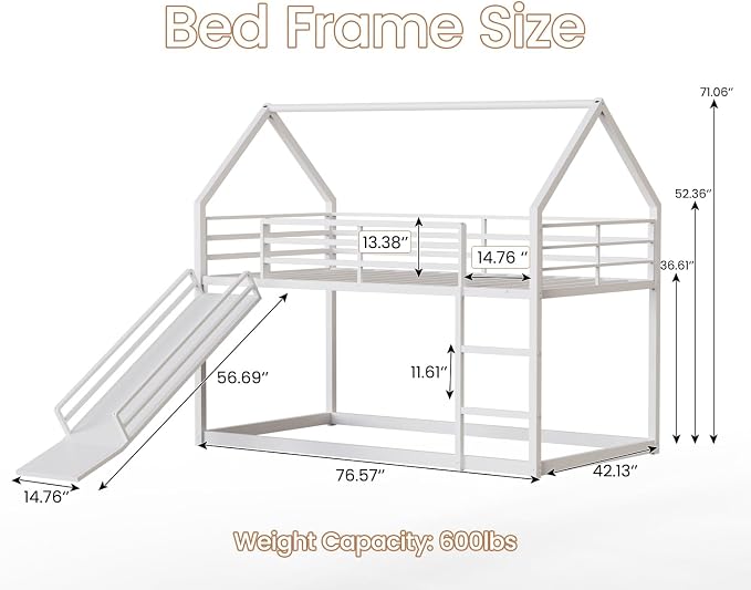Twin Over Twin Bunk Bed with Slide 40° Gentle-Slope & LED Light, House-Shaped Low Bunk Bed Twin Size with 13.4" Extra-Tall Guardrail & Ladder, Heavy Duty, No Box Spring Needed, Easy Assembly, White