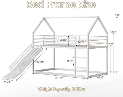 Twin Over Twin Bunk Bed with Slide 40° Gentle-Slope & LED Light, House-Shaped Low Bunk Bed Twin Size with 13.4" Extra-Tall Guardrail & Ladder, Heavy Duty, No Box Spring Needed, Easy Assembly, White