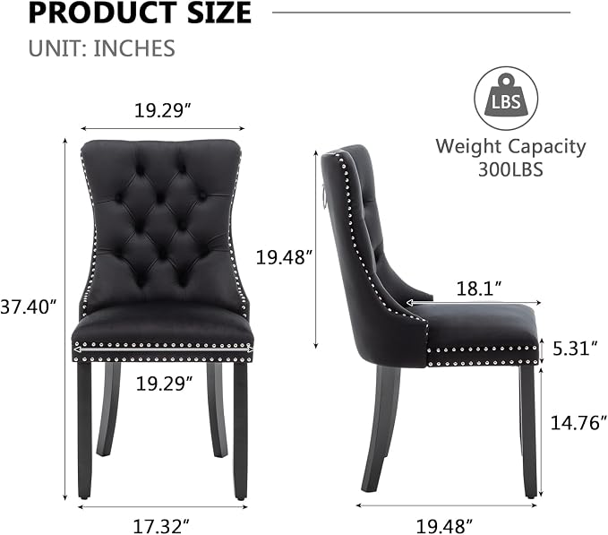 Hixkol Velvet Dining Chairs Set of 4,Upholstered Dining Chairs with Ring Pull Trim and Button Back and Wood Legs, Modern Seating for Kitchen, Bedroom & Living Room(Black)