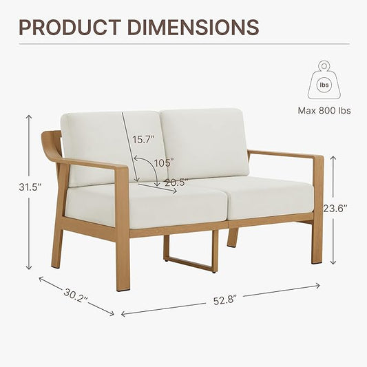 KISLOT Aluminum Outdoor Patio Furniture Loveseat,2 Seater Outside Patio Sofa with Washable Thick Cushion, Patio Sofa Couch for Porch, Balcony, Deck, Yard,Wood-Grain Frame