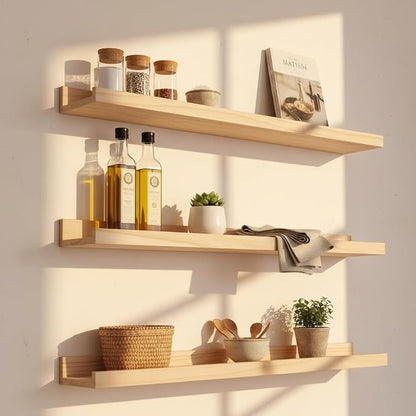 MBYD 36 Inch Natural Wood Floating Picture Ledge Shelf, Wall Mounted Nursery Bookshelf for Kids Books, Vinyl Records & Photo Display, Rustic Farmhouse Wall Decor for Bedroom, Living Room & Nursery