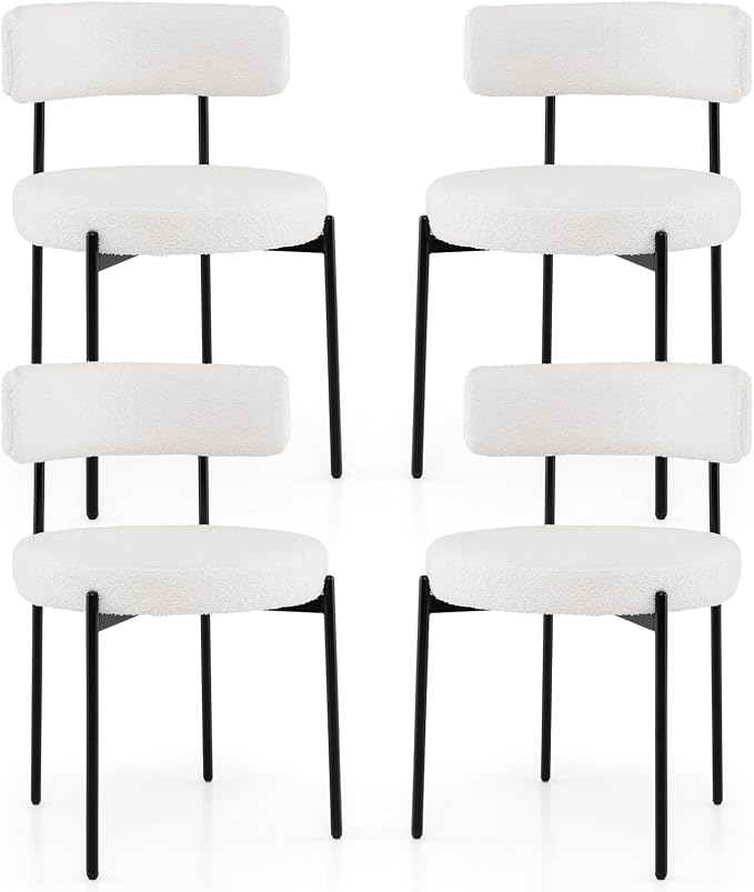Giantex Sherpa Dining Chairs Set of 4, Upholstered Round Kitchen Chairs with Curved Backrest & Metal Legs, Modern Armless Side Chairs, White Boucle Accent Chairs for Dining Room, Living Room