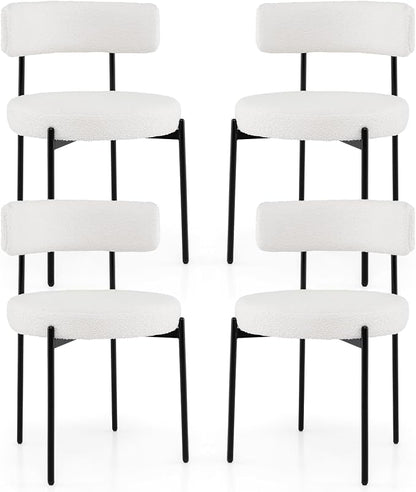 Giantex Sherpa Dining Chairs Set of 4, Upholstered Round Kitchen Chairs with Curved Backrest & Metal Legs, Modern Armless Side Chairs, White Boucle Accent Chairs for Dining Room, Living Room