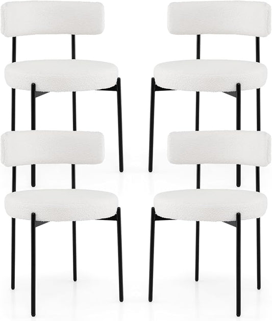 Giantex Sherpa Dining Chairs Set of 4, Upholstered Round Kitchen Chairs with Curved Backrest & Metal Legs, Modern Armless Side Chairs, White Boucle Accent Chairs for Dining Room, Living Room