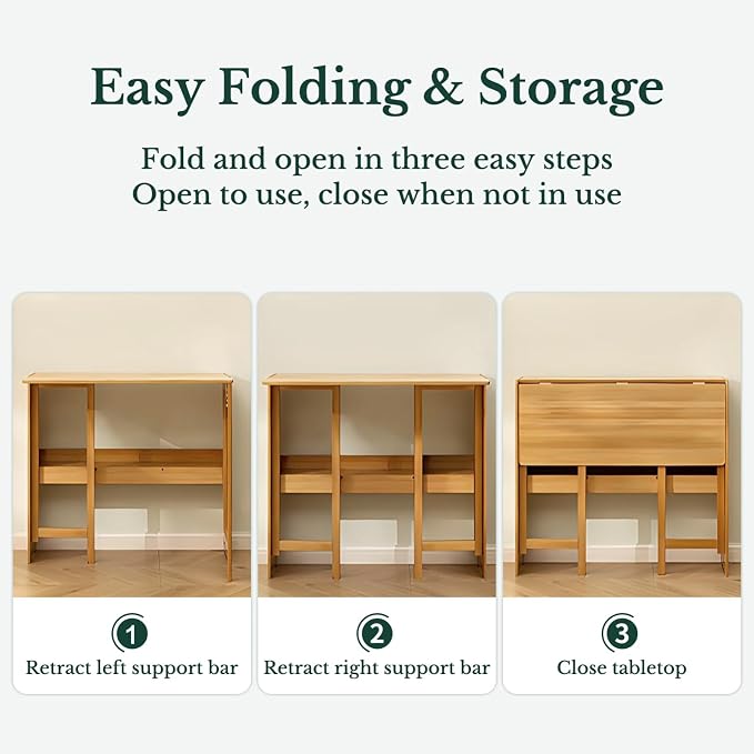 41'' Bamboo Folding Desk with Bookshelf, Space-Saving Computer Desk, Mid Century Modern Foldable Study Table for Home Office, Bedroom, Small Spaces - Primary Color