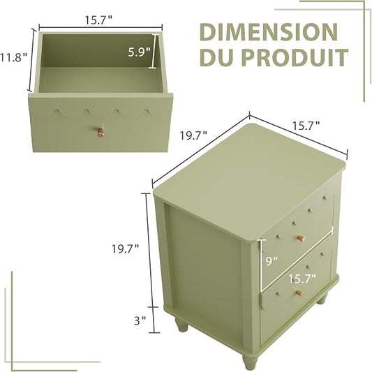 Green Nightstand Side End Table with 2 Drawers, Modern Night Stand with Petal Pattern for Bedroom, Scalloped Bedside Night Tables with Solid Wood Legs
