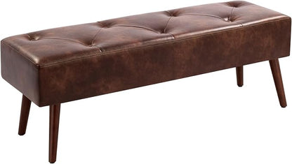 Furniliving 44 Inch Tufted Bench, Leather Footrest Bedroom Bench Seat, Upholstered Leather Indoor Bench Beathable Fabrics Ottoman Bench with X-Shaped Wood Legs for Kitchen, Solid Wood Indoor Bench