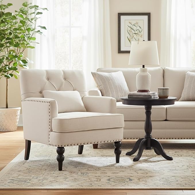HUIMO Tufted Club Chair,Accent Chair with Lumbar Pillow, Upholstered Button Armchair, Linen Fabric Sofa Chairs for Bedroom, Living Room, Mid Century Modern with Studded Reading Chair Beige
