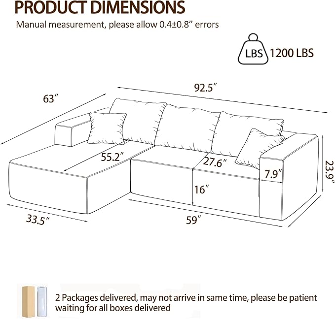 92.5" Modualr Sectional Sofa, L-Shape Corduroy Sectional Cloud Couch with Chaise, Upholstered Memory Foam Boneless Couch for Living Room, No Need Assembly - Blue(Left Facing Chaise)