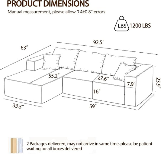 92.5" Modualr Sectional Sofa, L-Shape Corduroy Sectional Cloud Couch with Chaise, Upholstered Memory Foam Boneless Couch for Living Room, No Need Assembly - Blue(Left Facing Chaise)