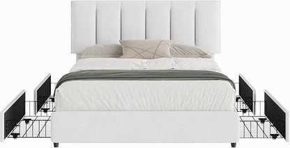 VECELO Full Size Bed Frame with 4 Storage Drawers, Adjustable Height Headboard, Heavy-Duty Platform Bedframe with Strong Wooden Slats, No Box Spring Needed, Pure White