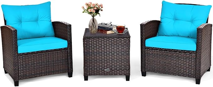 COSTWAY 3PCS Patio Furniture Set, PE Rattan Wicker Sofa w/Washable Cushion and Coffee Table, Tempered Glass Tabletop, Outdoor Conversation Set for Balcony, Porch, Yard, Backyard, Lawn, Turquoise