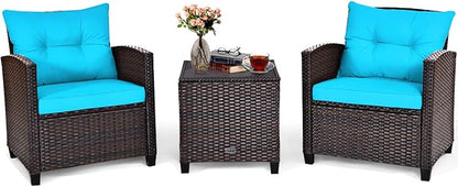 COSTWAY 3PCS Patio Furniture Set, PE Rattan Wicker Sofa w/Washable Cushion and Coffee Table, Tempered Glass Tabletop, Outdoor Conversation Set for Balcony, Porch, Yard, Backyard, Lawn, Turquoise