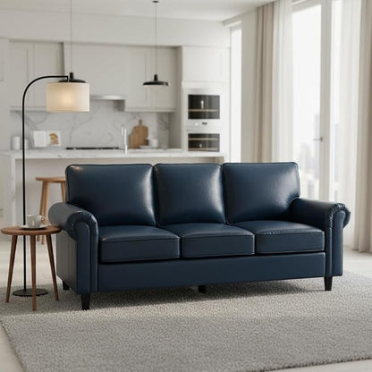 Kingfun Faux Leather 3 Seater Couch, Mid Century Modern Sofa with Rolled Arms and Deep Seats, Fluffy Comfort for Living Room, Apartment, Easy Assembly, Blue