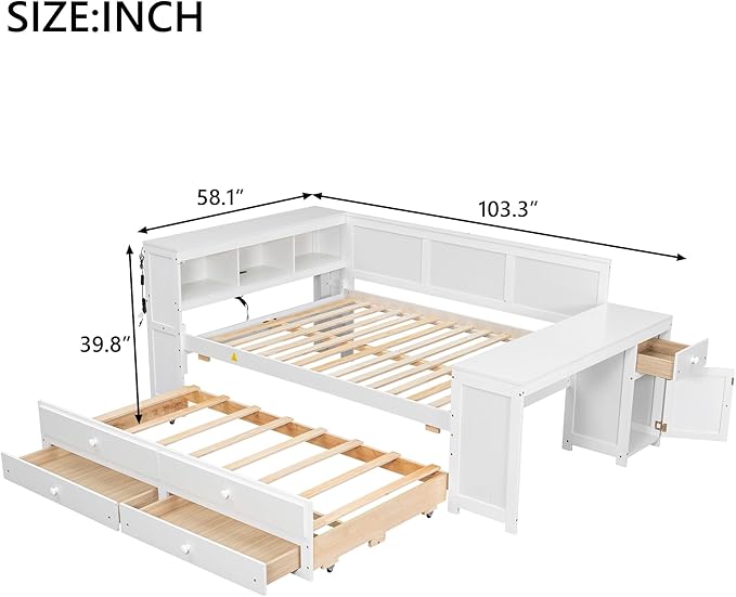 Bellemave Full Corner Bed Frame, Full Size Captain beds with Storage Cabinets and Desk, Wood Daybed with Bookcase Trundle and Drawers, White