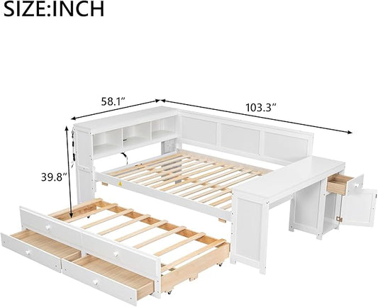 Bellemave Full Corner Bed Frame, Full Size Captain beds with Storage Cabinets and Desk, Wood Daybed with Bookcase Trundle and Drawers, White
