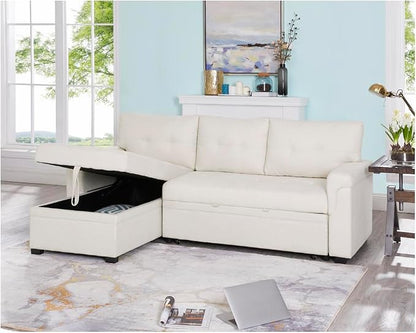 Naomi Home 84" L-Shaped Sectional Sleeper Sofa with Pull Out Bed | Sleeps Guests Comfortably, Stores Essentials in Chaise & Saves Space, Velvet, Cream Convertible Sofa Bed