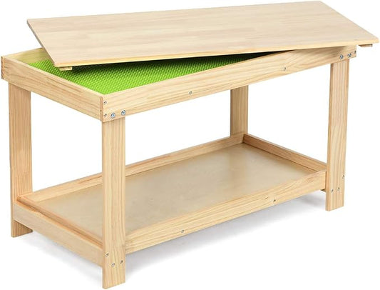 Costzon 2 in 1 Kids Activity Table w/Storage, Patented Building Block Table w/Board for Bricks Crafts Arts Draw, Children Solid Wood Play Table Desk for Preschool Toddler Boy & Girl Gift, Natural