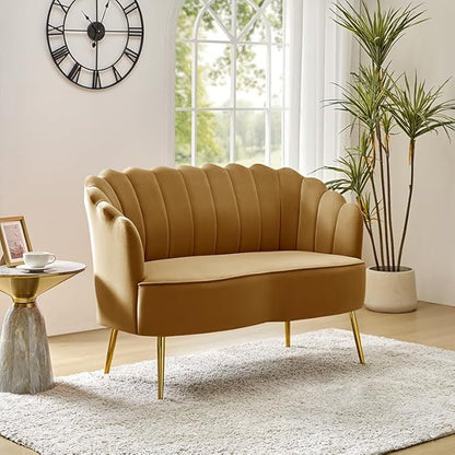 Velvet Upholstered Loveseat Sofa with Gold Metal Legs, Modern Comfy Small Love Seat with Flower Shaped Back, 2-Seater Sofa Accent Couch for Living Bedroom Leisure Areas, Golden