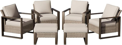 Joyside Outdoor Patio Chairs, 6 Pieces Wicker Rattan Furniture Set, 4 Patio Chairs and 2 Ottoman, Metal Wide Armrest, Thick Cushions and Deep Seating for Garden, Backyard, Porch, Deck