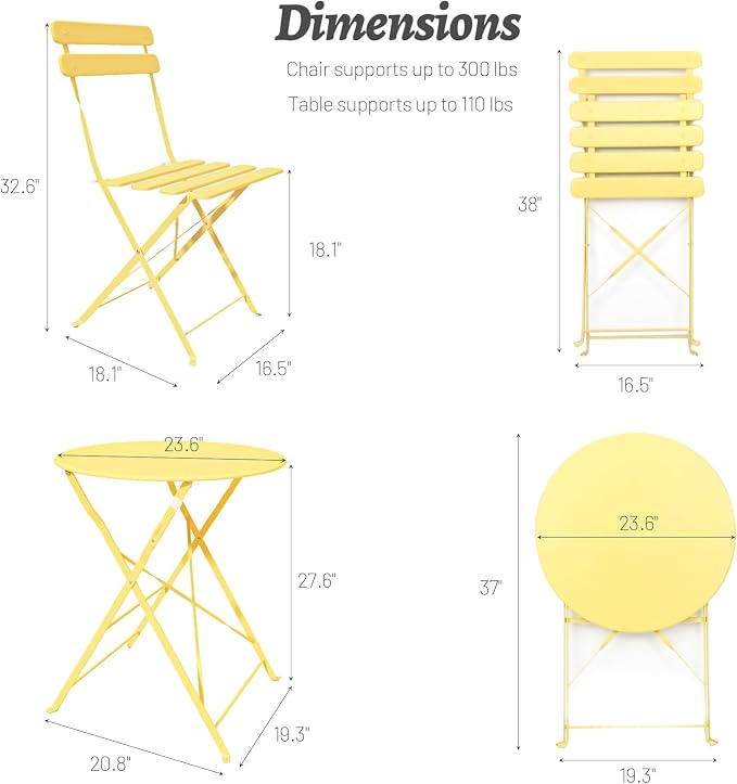 3-Piece Folding Bistro Set, 2 Chairs and 1 Table, Weather-Resistant Outdoor/Indoor Conversation Set with Heavy-Duty Powder-Coated Steel Frame for Patio, Yard, Garden (Yellow)