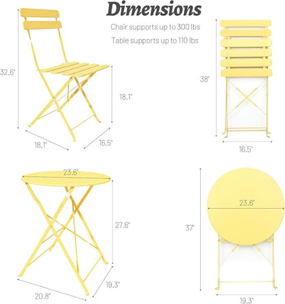3-Piece Folding Bistro Set, 2 Chairs and 1 Table, Weather-Resistant Outdoor/Indoor Conversation Set with Heavy-Duty Powder-Coated Steel Frame for Patio, Yard, Garden (Yellow)