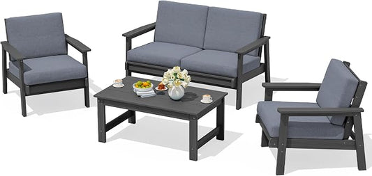 SERWALL HDPE Outdoor Furniture Set 4, All Weather Wood-Like Outdoor Sofa Sectional Couch, Grey Patio Furniture Set with Grey Cushions