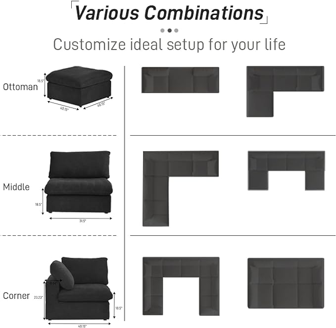 WJShome Cloud Modular Sectional Couch, 120.45" Convertible Couch - 3 Seater for Living Room, Minimalist Deep Sofa, Washable & Replaceable Sofa Covers (Black)
