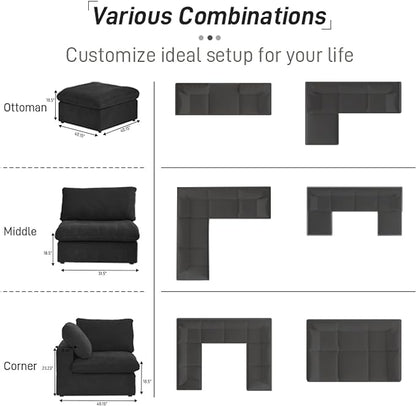 WJShome Cloud Modular Sectional Couch, 120.45" Convertible Couch - 3 Seater for Living Room, Minimalist Deep Sofa, Washable & Replaceable Sofa Covers (Black)