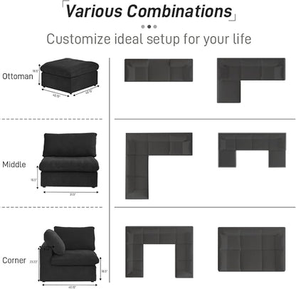 Cloud Couch Modular Sectional Sofa with Storage Ottoman,160.6" Down Filled 6 Seater Couch,V Shaped Oversized Convertible Sectional Sofa for Living Room,Covers Removable & Washable, Black